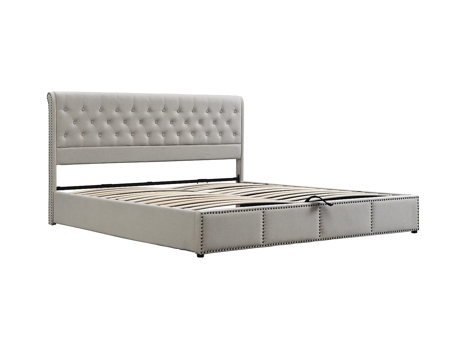 Cama 180x200 cm em algodão-linho cinza claro com armazenamento hidráulico e pregos decorativos