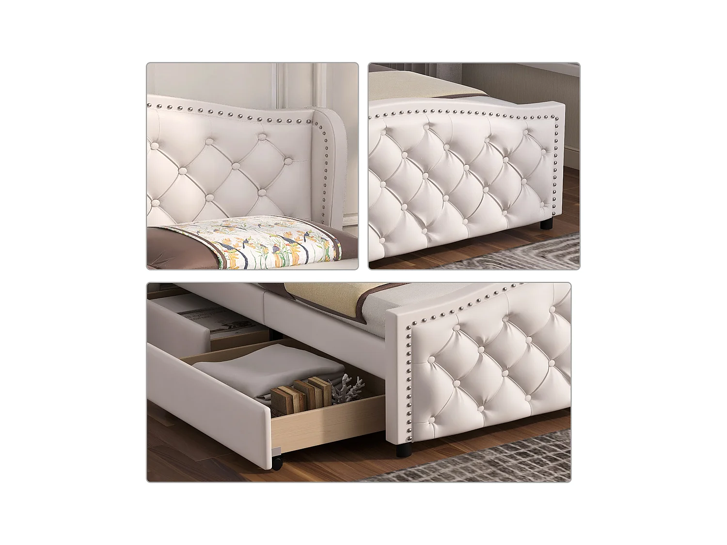 Lit 160x200 bianco in PU e legno con sommier, 2 cassetti e tête de lit rimborsato