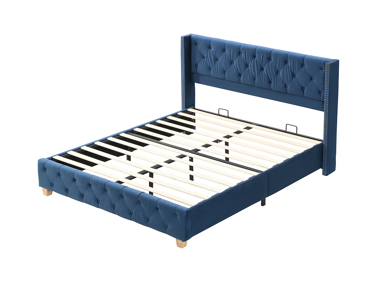 Lampadarimbourré luminosa 160x200 cm in velluto blu con tête de lit capitonnée e pieds en bois