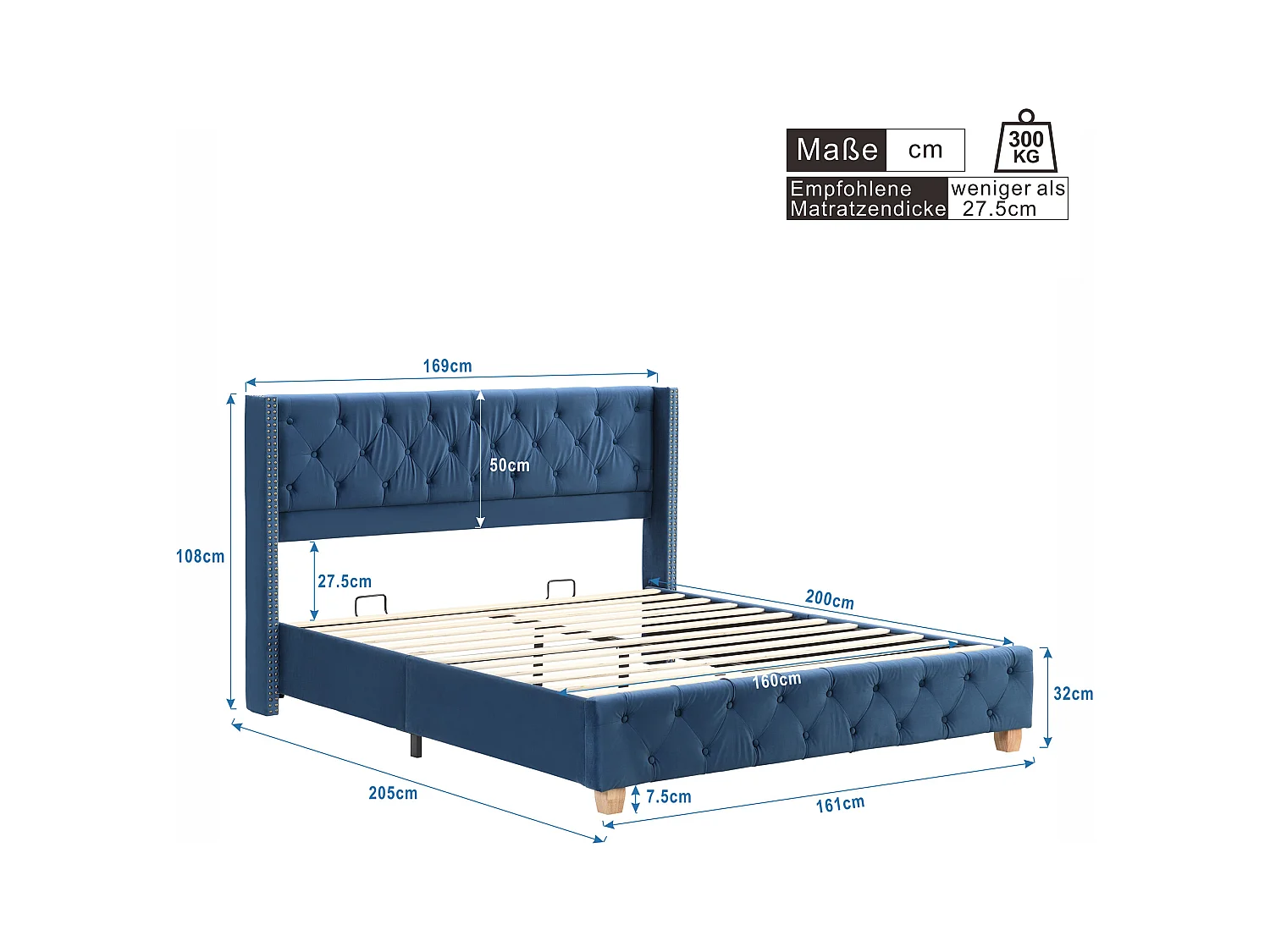 Lampadarimbourré luminosa 160x200 cm in velluto blu con tête de lit capitonnée e pieds en bois