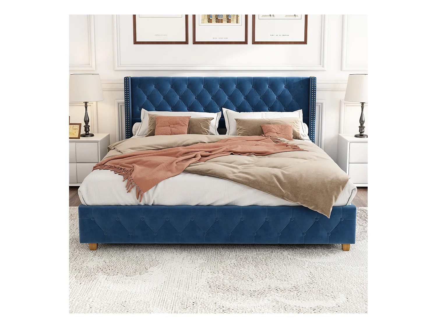 Lampadarimbourré luminosa 160x200 cm in velluto blu con tête de lit capitonnée e pieds en bois