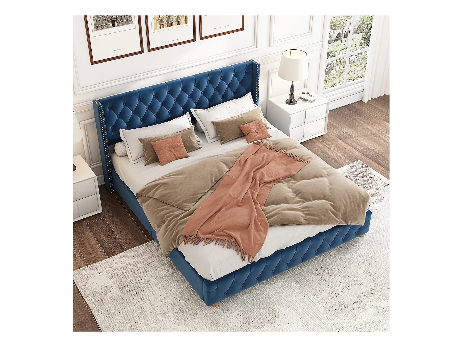 Lampadarimbourré luminosa 160x200 cm in velluto blu con tête de lit capitonnée e pieds en bois