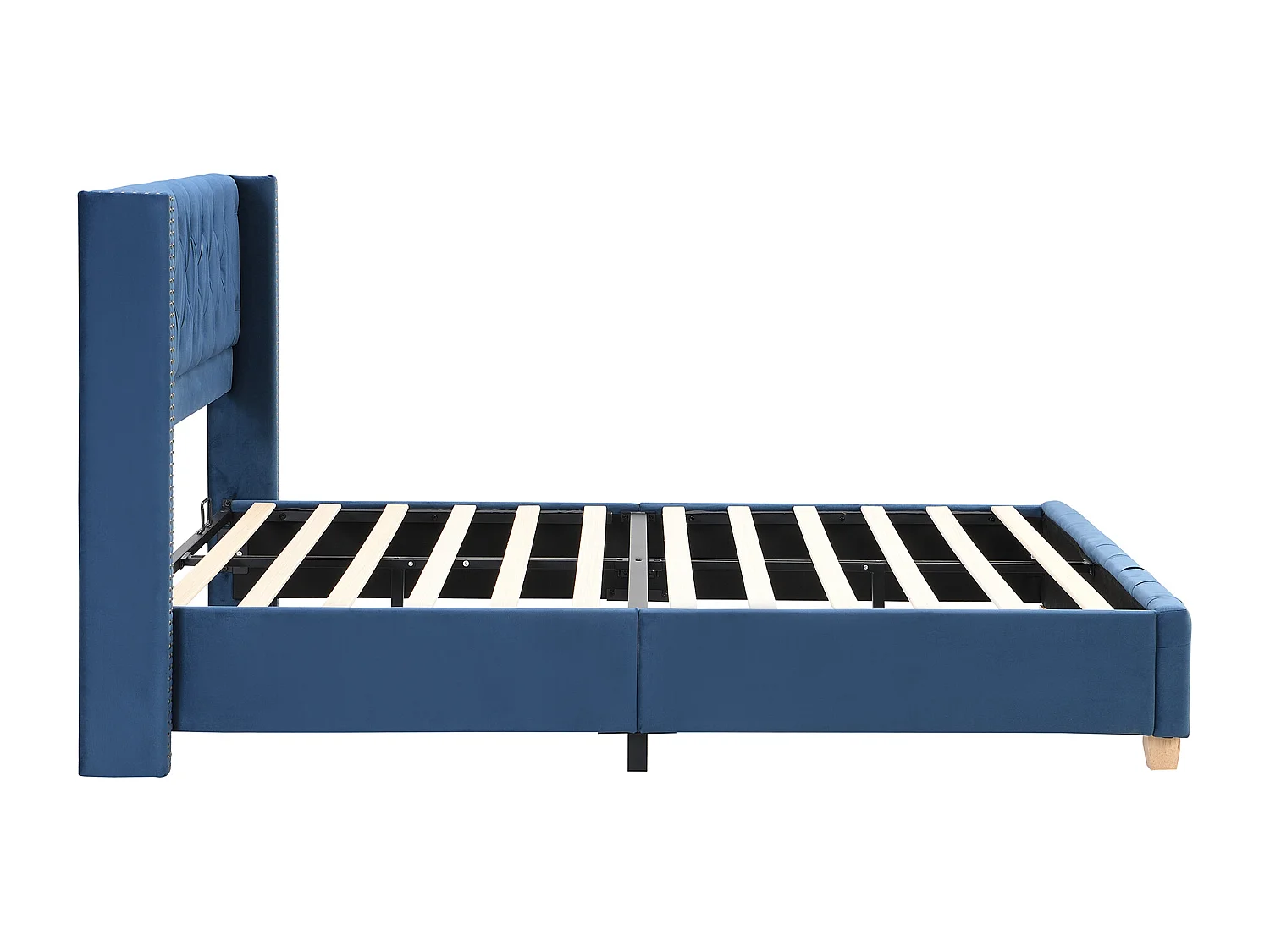 Lampadarimbourré luminosa 160x200 cm in velluto blu con tête de lit capitonnée e pieds en bois