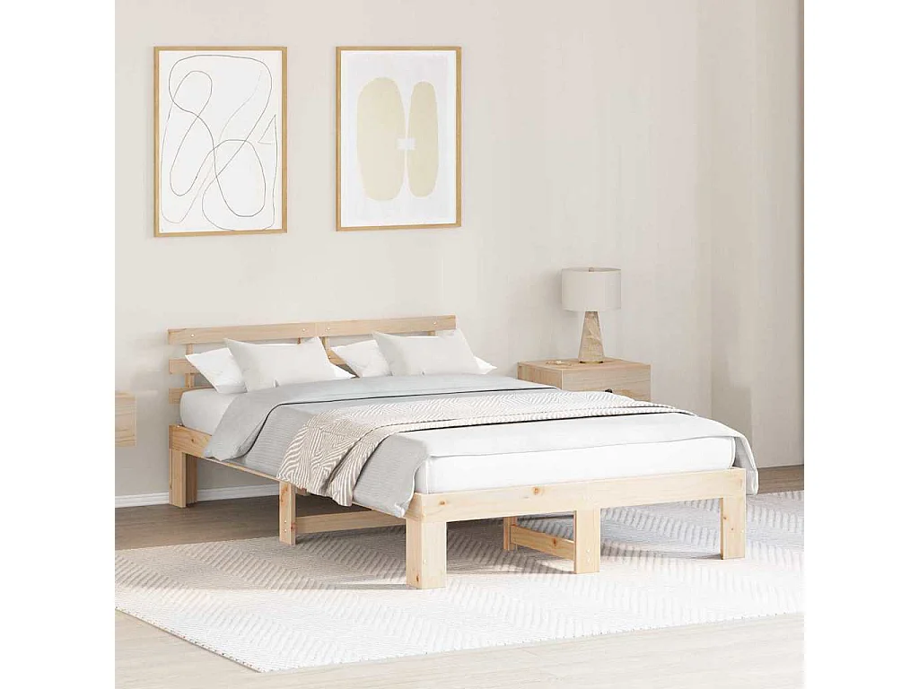 Bedframe met hoofdeinde Naturel 140 x 190 cm Massief grenenhout