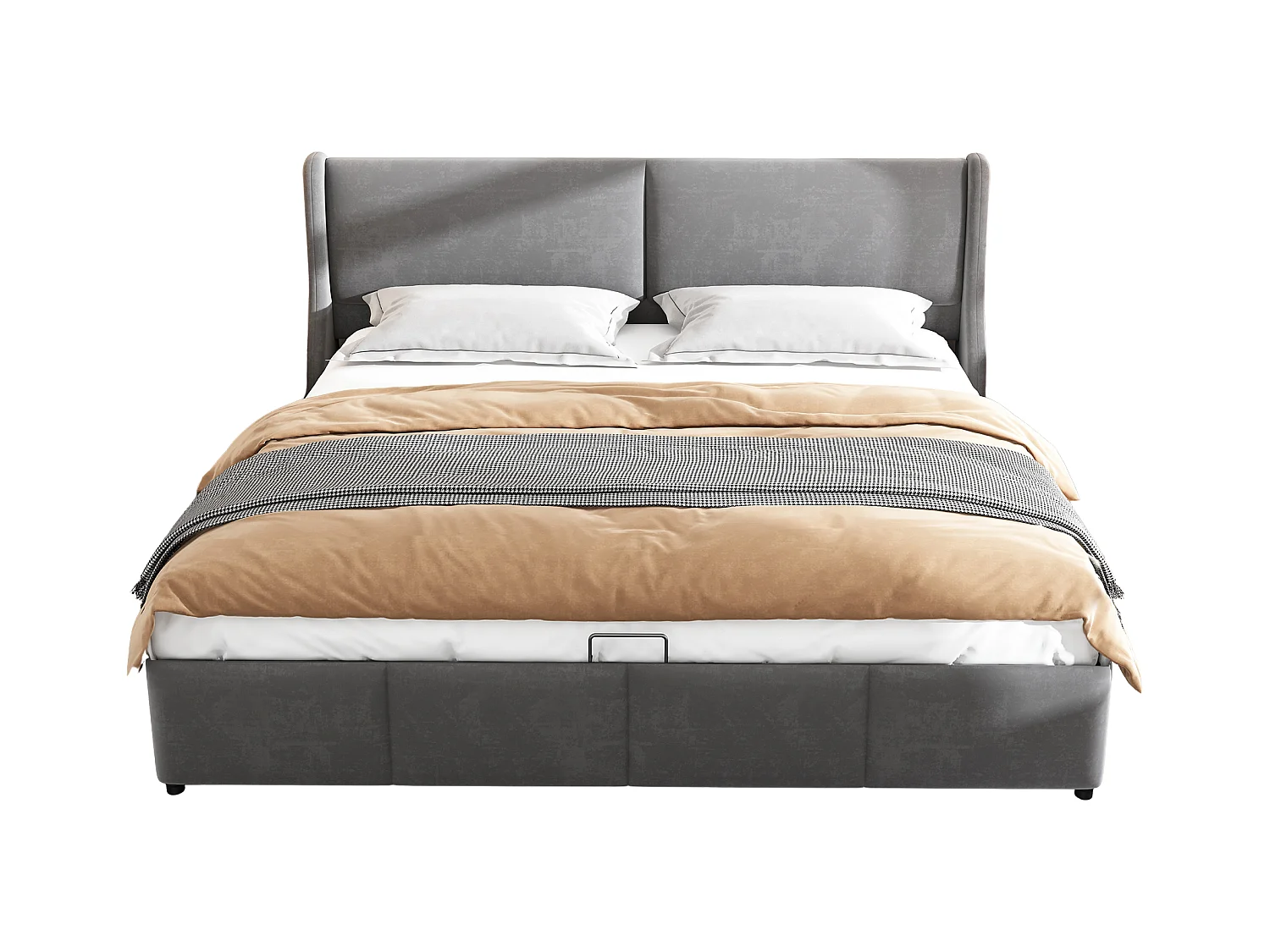 Cama de matrimonio 160x200 en franela gris, acolchado con canapé hidráulico y somier de láminas.