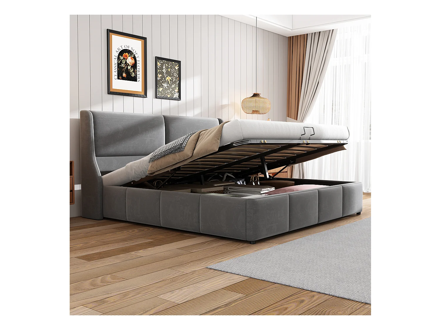 Cama de matrimonio 160x200 en franela gris, acolchado con canapé hidráulico y somier de láminas.