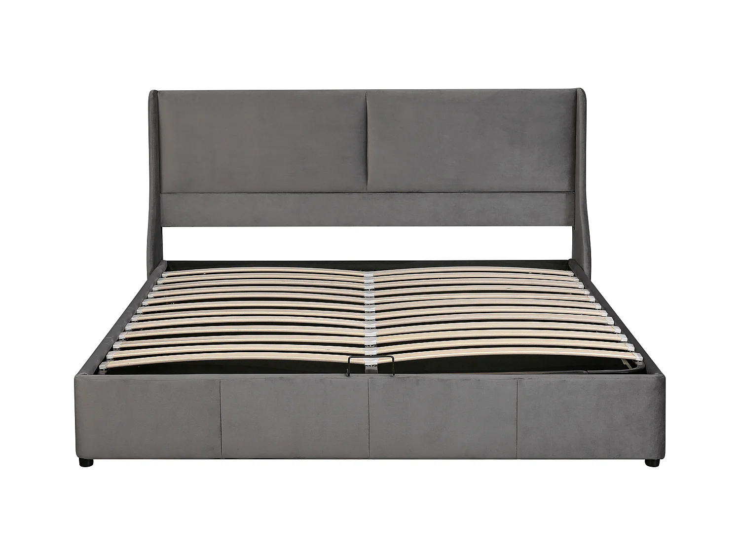 Cama de matrimonio 160x200 en franela gris, acolchado con canapé hidráulico y somier de láminas.