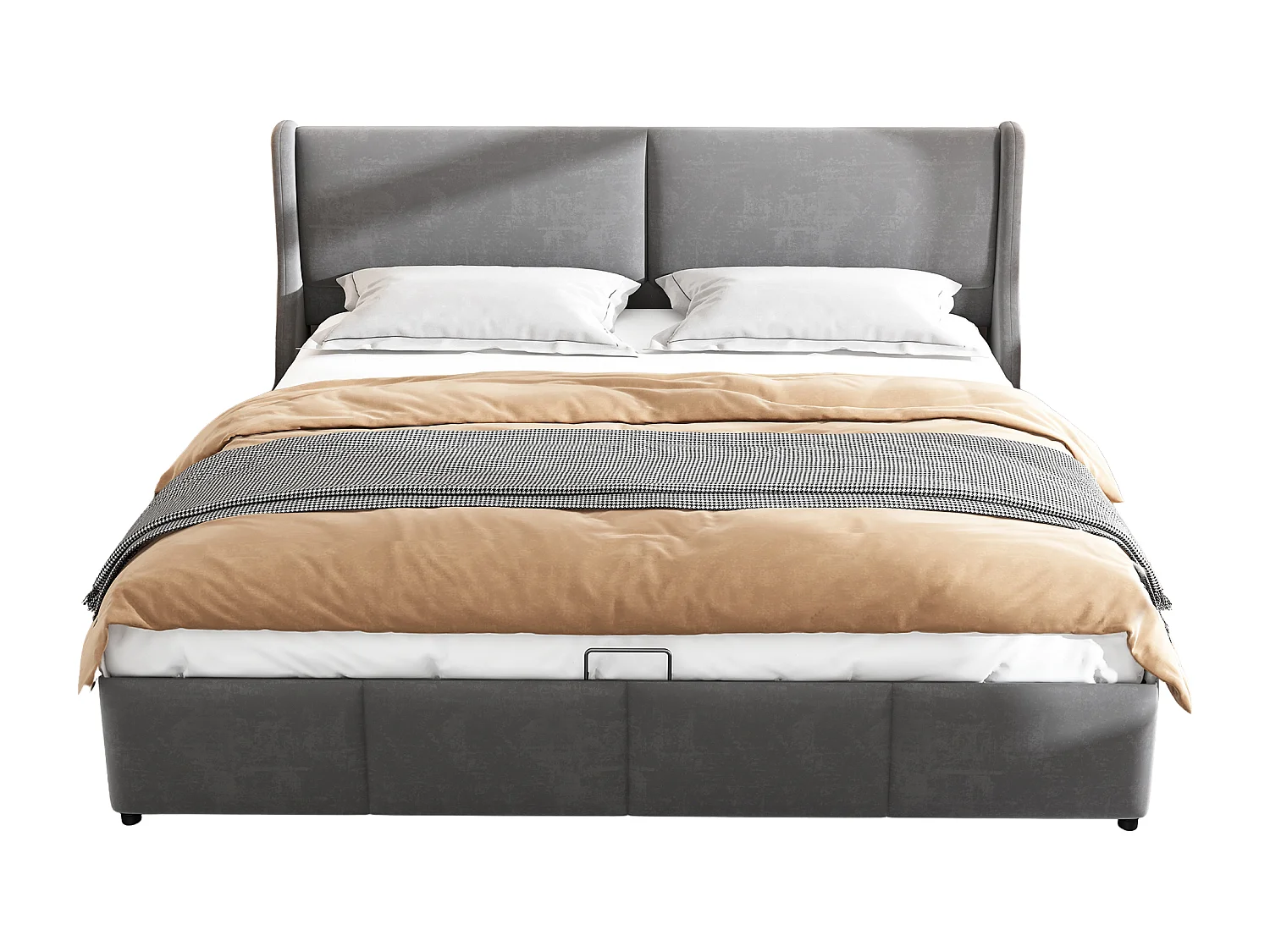 Cama de matrimonio 160x200 en franela gris, acolchado con canapé hidráulico y somier de láminas.