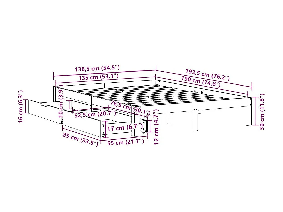 Estrutura cama c/ gavetas 135x190 cm pinho maciço castanho-mel