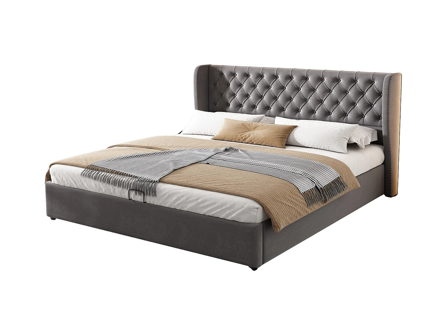 Lit double 180x200 velluto grigio con coffre de rangement hydraulique et tête de lit capitonnée