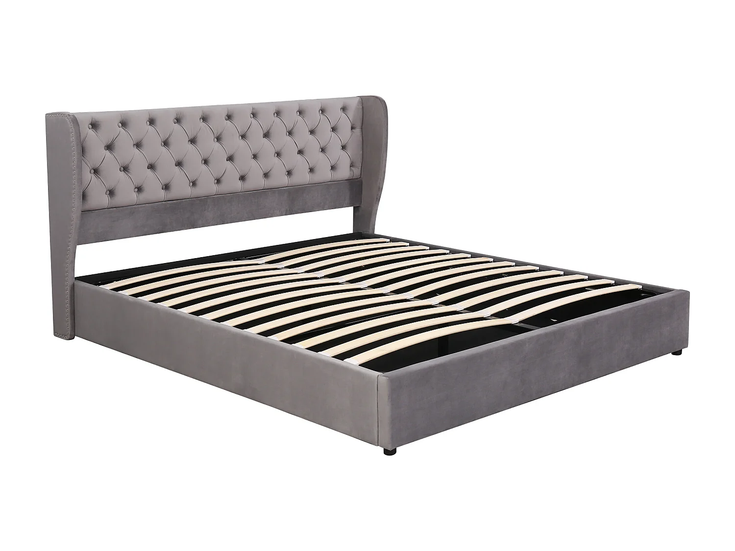 Cama de matrimonio 180x200 terciopelo gris con canapé hidráulico y cabecero acolchado