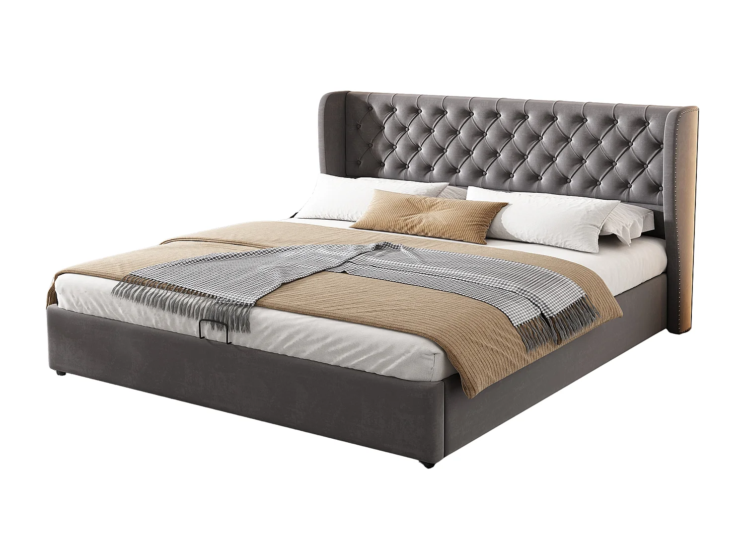 Cama de matrimonio 180x200 terciopelo gris con canapé hidráulico y cabecero acolchado