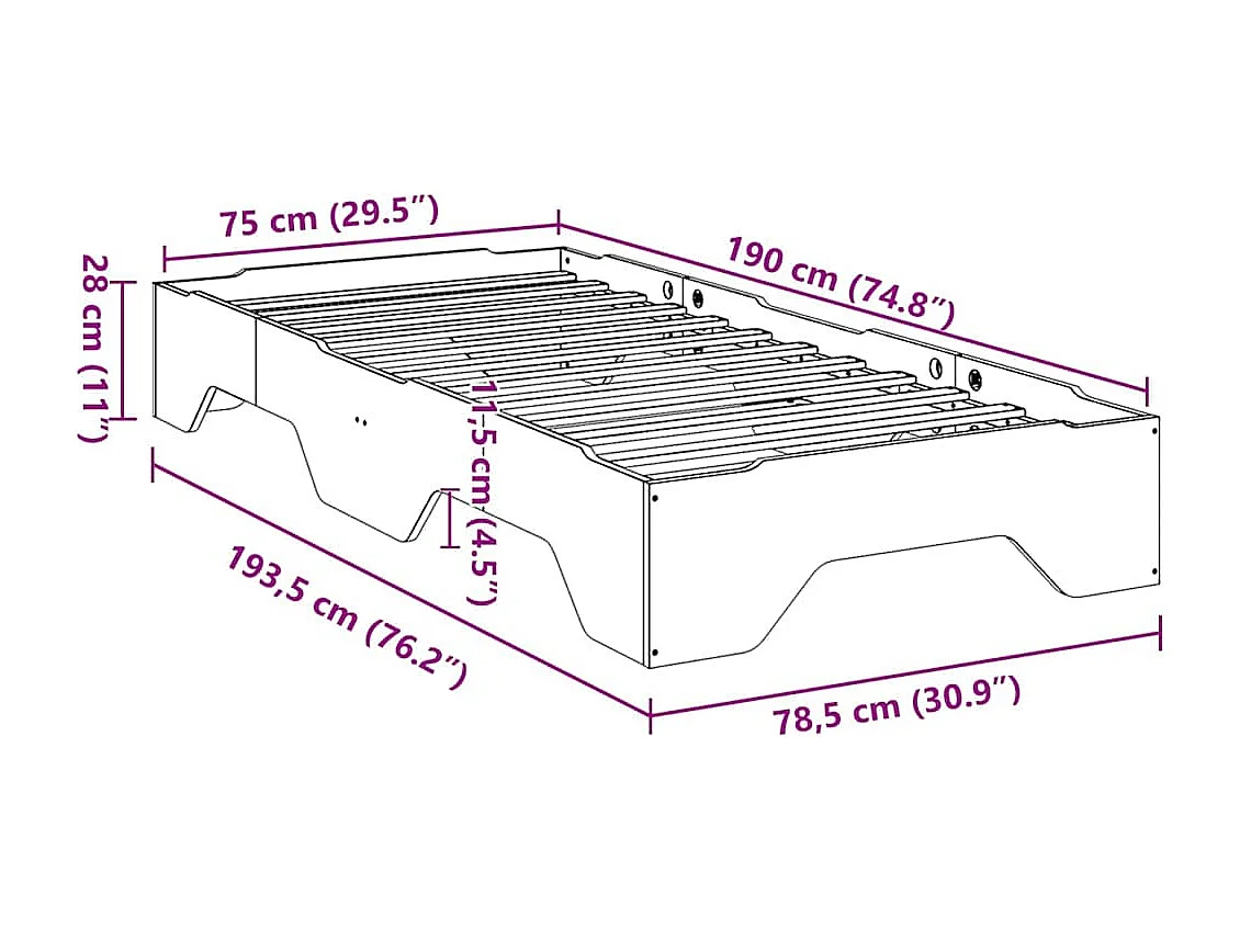 Cadre de lit sans matelas empilable 75x190 cm bois massif