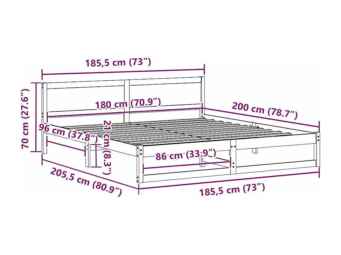 Cadre de lit avec tête de lit Naturel 180 x 200 cm Pin massif