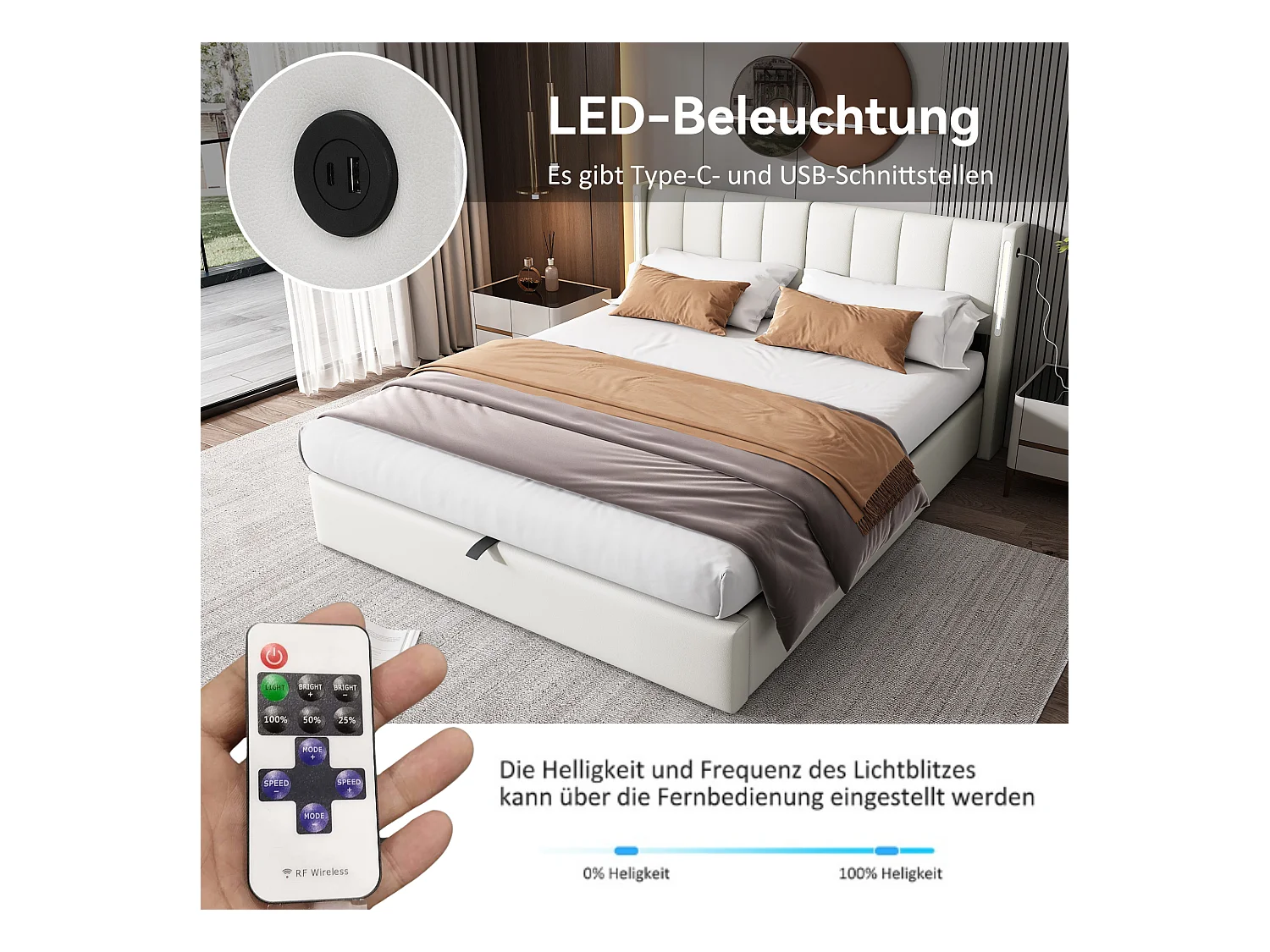 Lit double 160x200 bianco PU con LED, cassetto idraulico, testa regolabile e USB