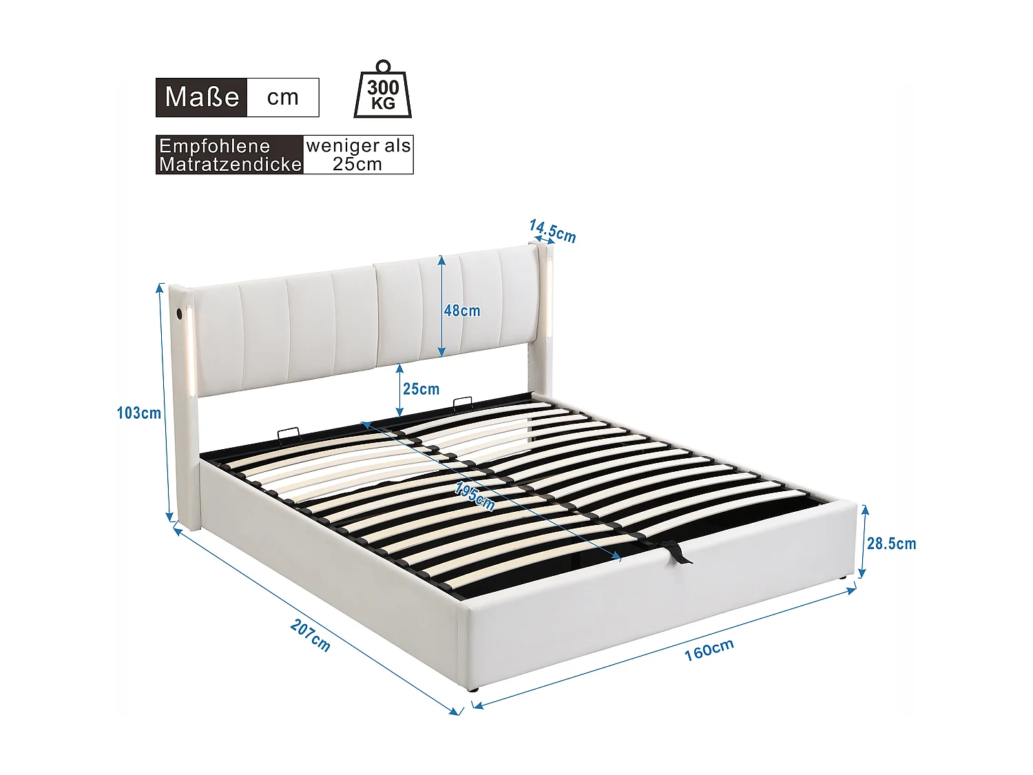 Cama de casal 160x200 PU branca com LED, armazenamento hidráulico, cabeceira ajustável e USB