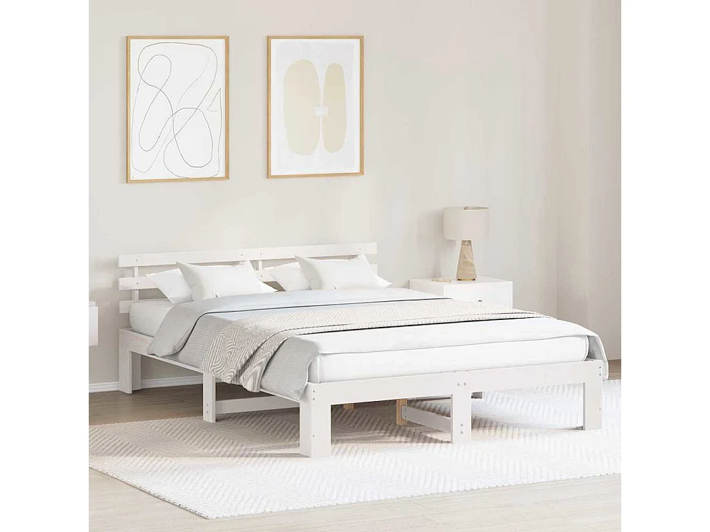 Bettrahmen mit Kopfteil Weiß 150 x 200 cm Massives Kiefernholz