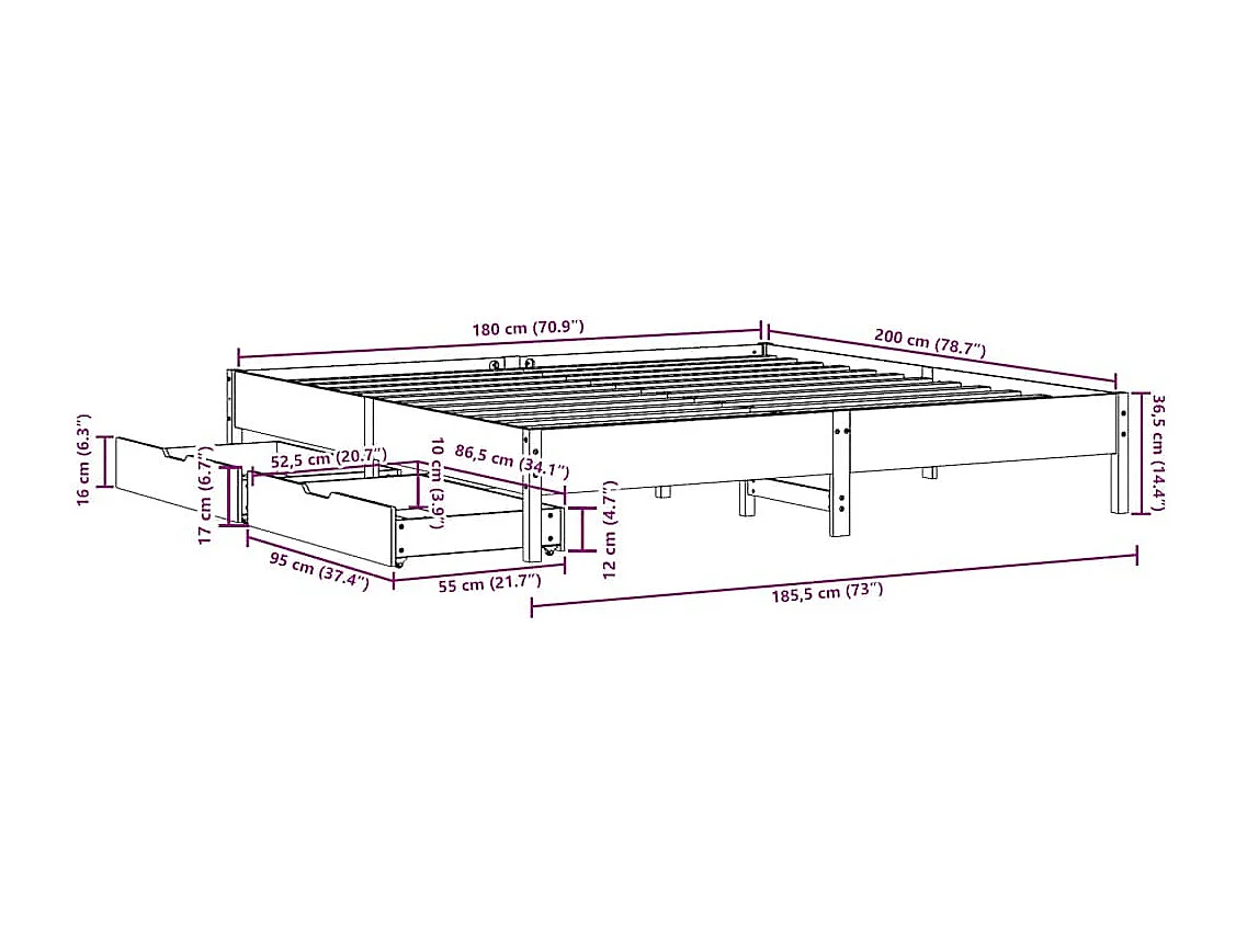 Cadre de lit sans matelas cire marron 180x200cm bois pin massif