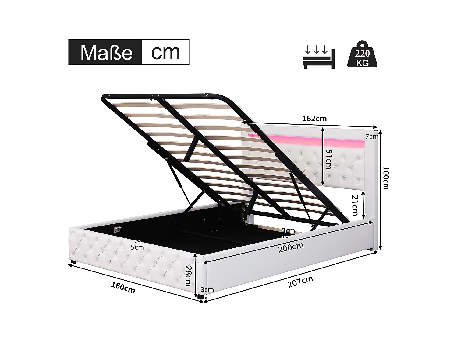 Cama de PU branca 160x200 com LED integrado, base de ripas e amplo espaço de armazenamento, design funcional