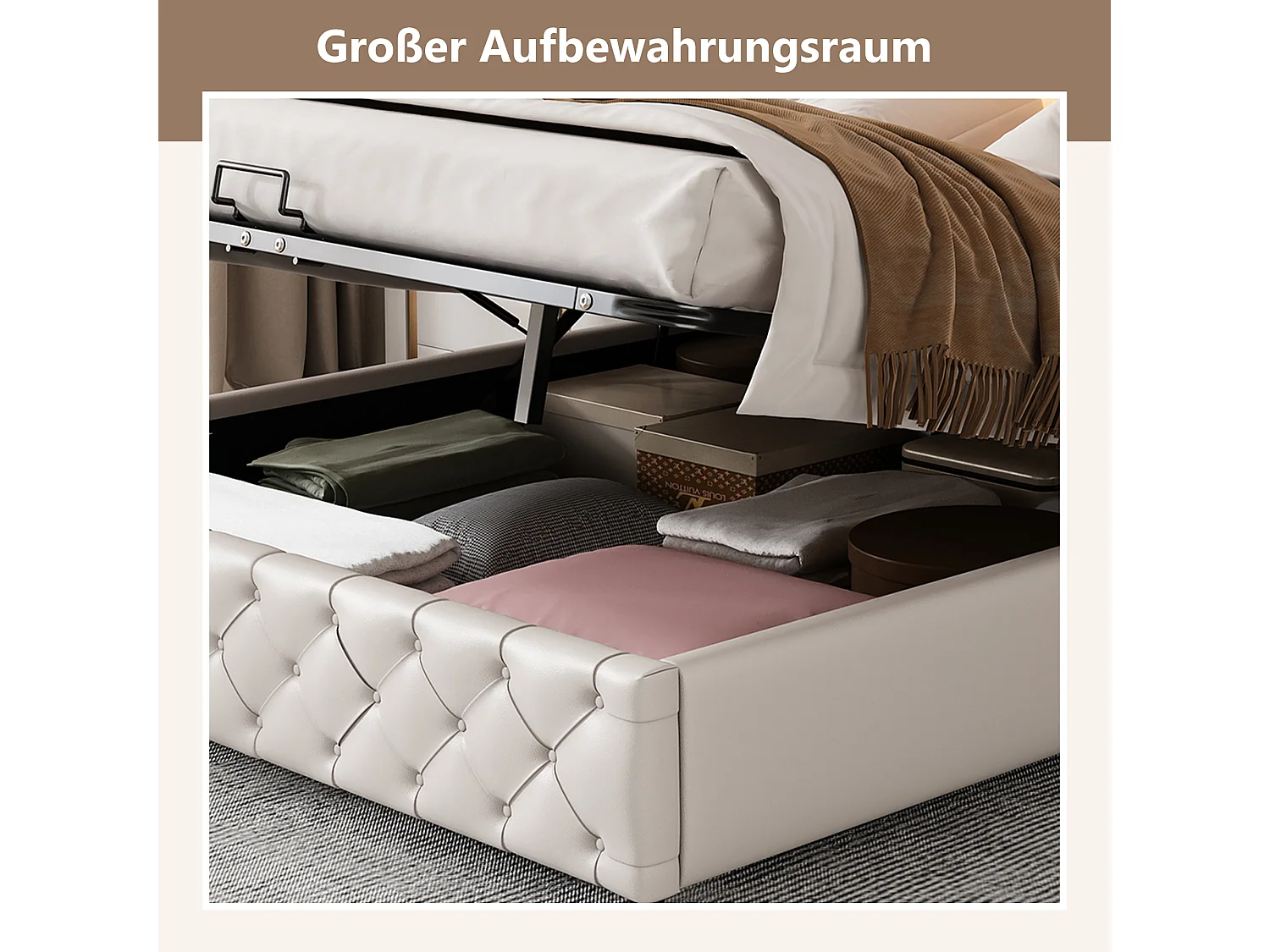 Cama de PU branca 160x200 com LED integrado, base de ripas e amplo espaço de armazenamento, design funcional