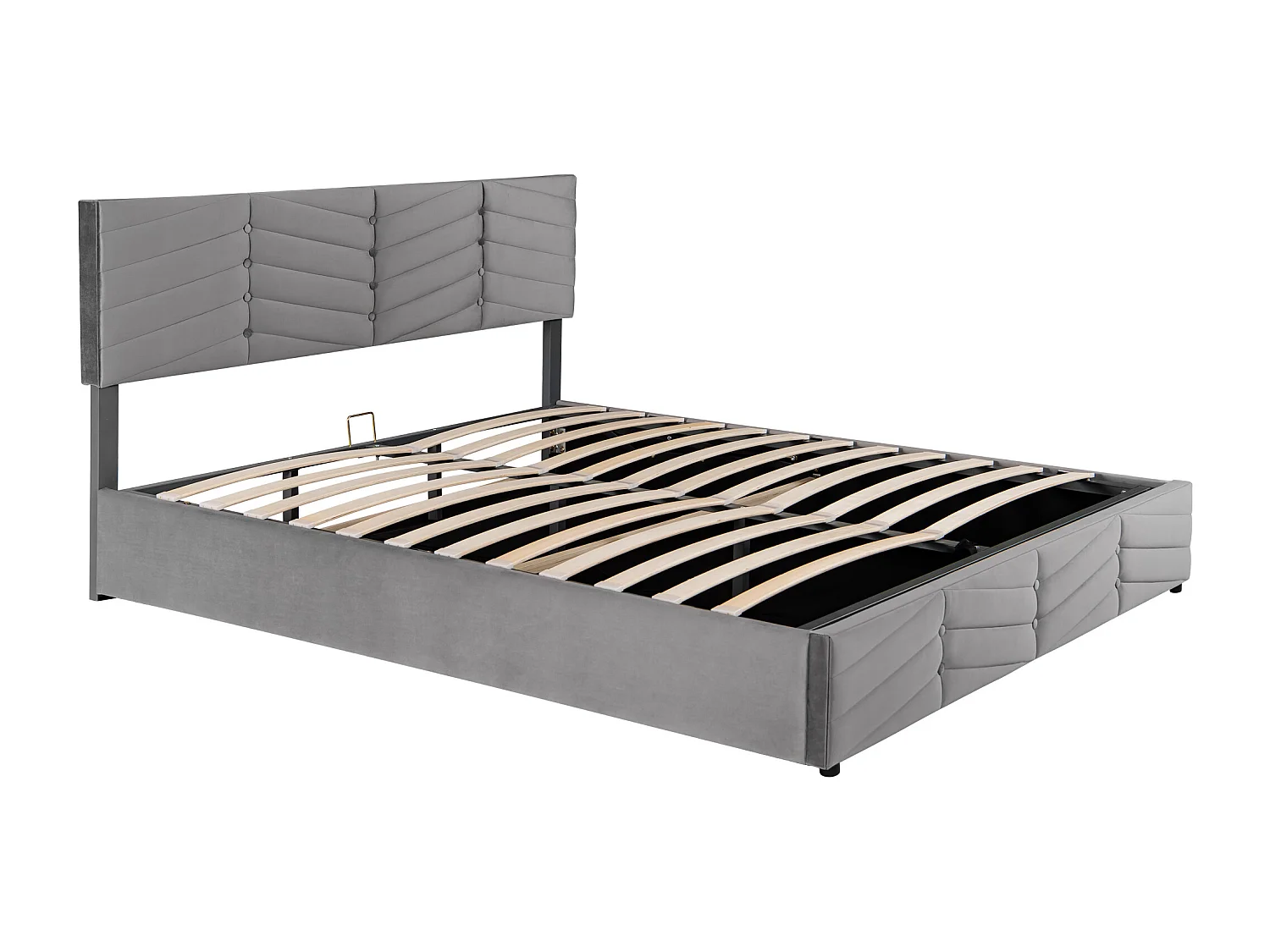 Cama de matrimonio 180x200 cm en terciopelo gris con cabecero regulable y canapé hidráulico.