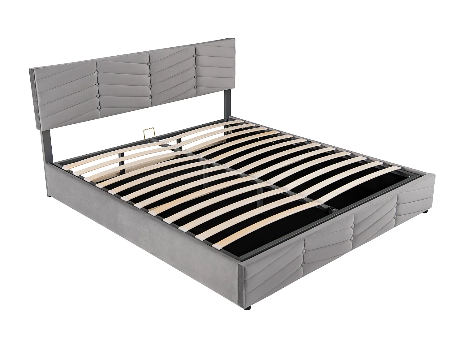 Cama de matrimonio 180x200 cm en terciopelo gris con cabecero regulable y canapé hidráulico.