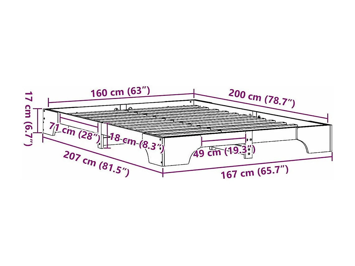 Bettrahmen Natur 160 x 200 cm Massives Kiefernholz