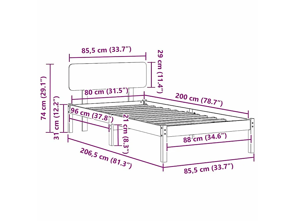 Bedframe met hoofdeinde Wasbruin 80 x 200 cm Massief grenenhout