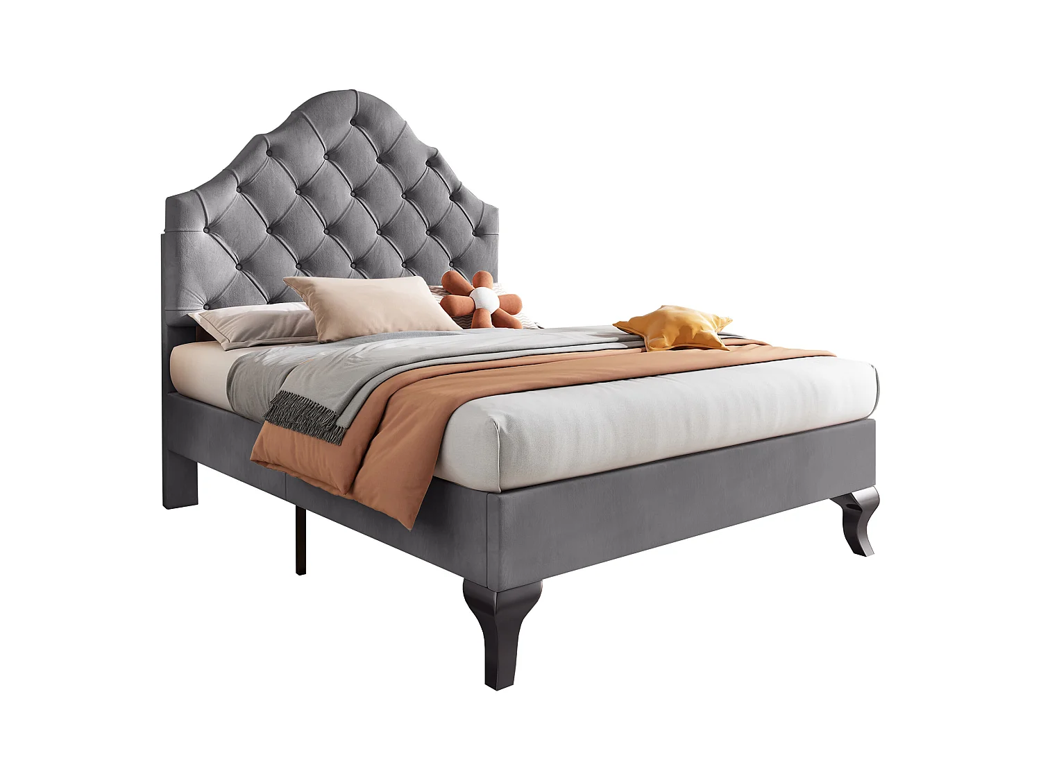 Lit adulte 90x200 cm in velluto grigio con tête de lit ajustable, cadre bois, semplice