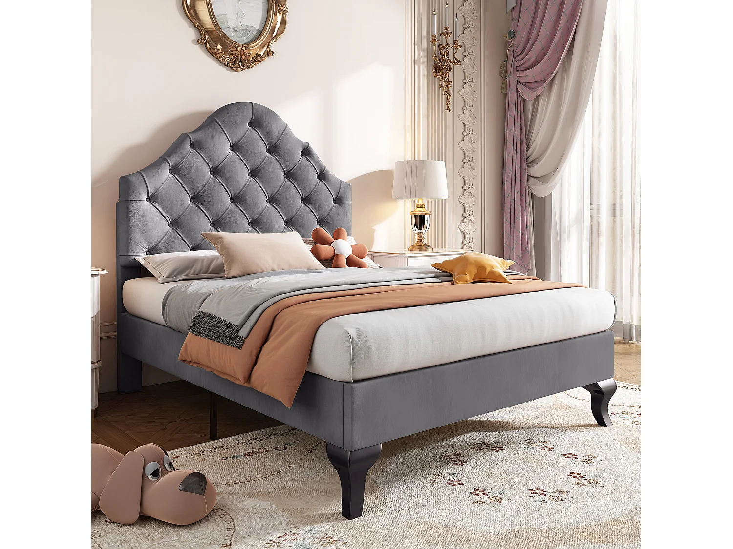 Lit adulte 90x200 cm in velluto grigio con tête de lit ajustable, cadre bois, semplice