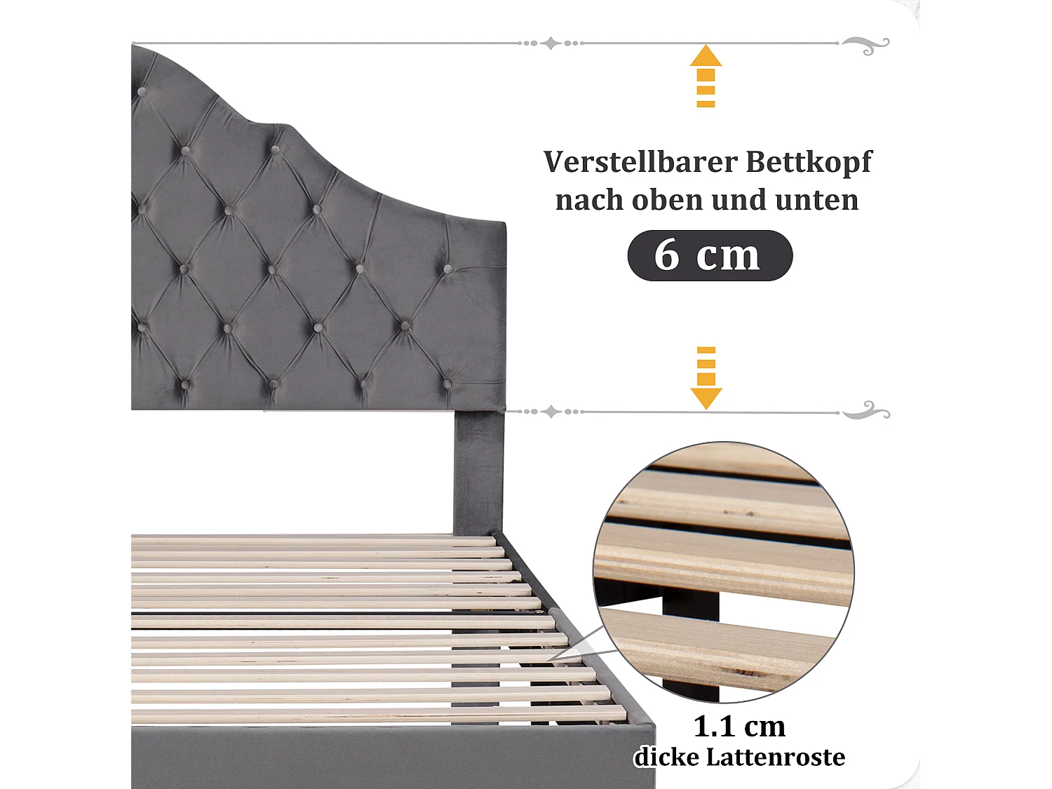 Lit adulte 90x200 cm in velluto grigio con tête de lit ajustable, cadre bois, semplice