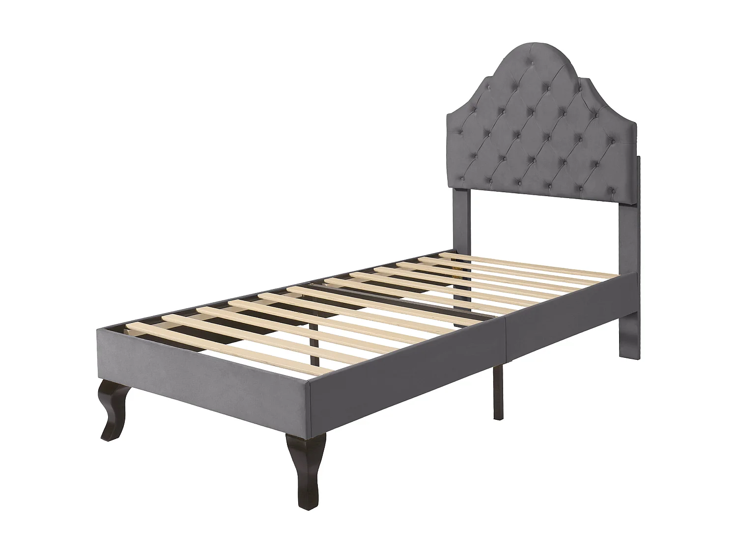 Lit adulte 90x200 cm in velluto grigio con tête de lit ajustable, cadre bois, semplice