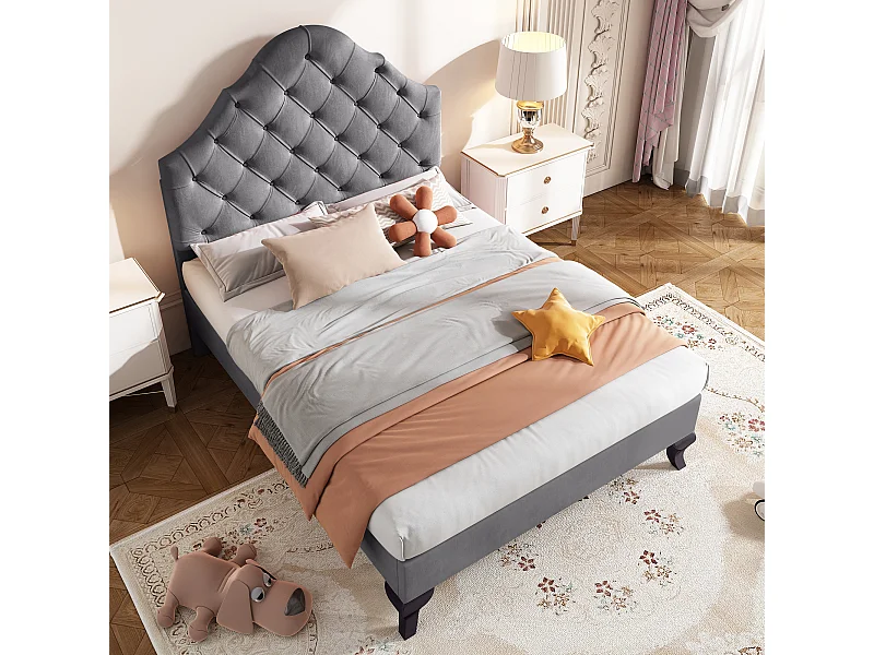 Lit adulte 90x200 cm in velluto grigio con tête de lit ajustable, cadre bois, semplice