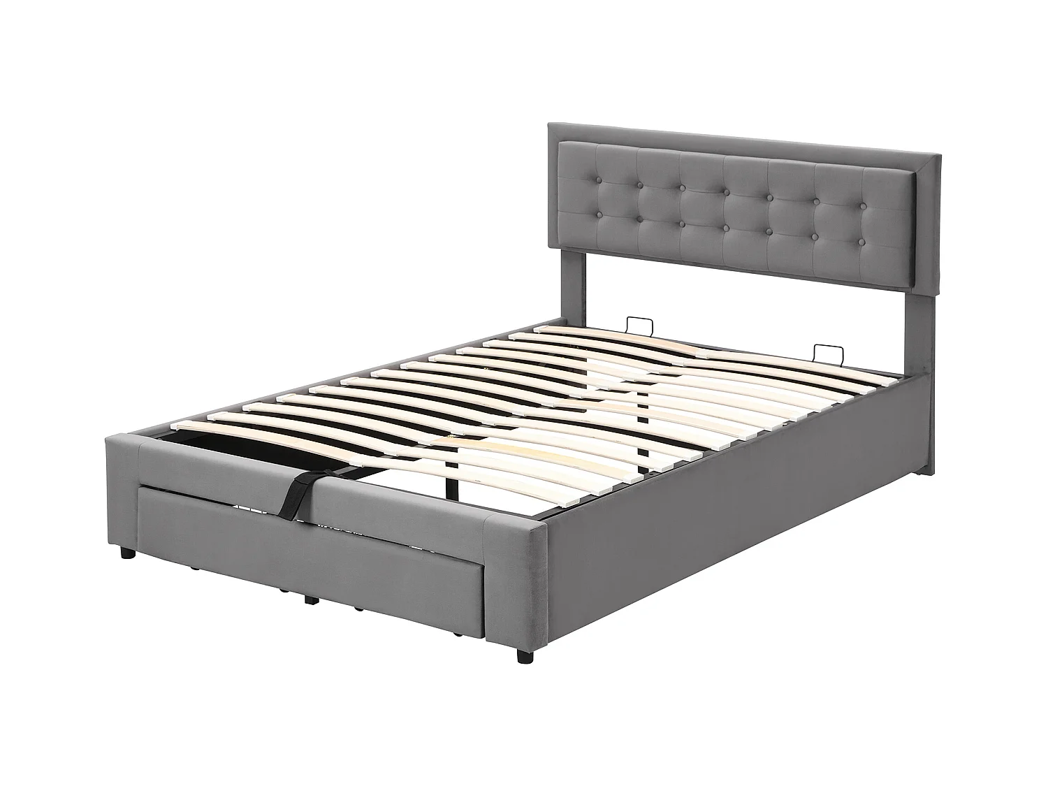 Lit double 140x190 cm velours gris con rangement hydraulique et tête de lit réglable