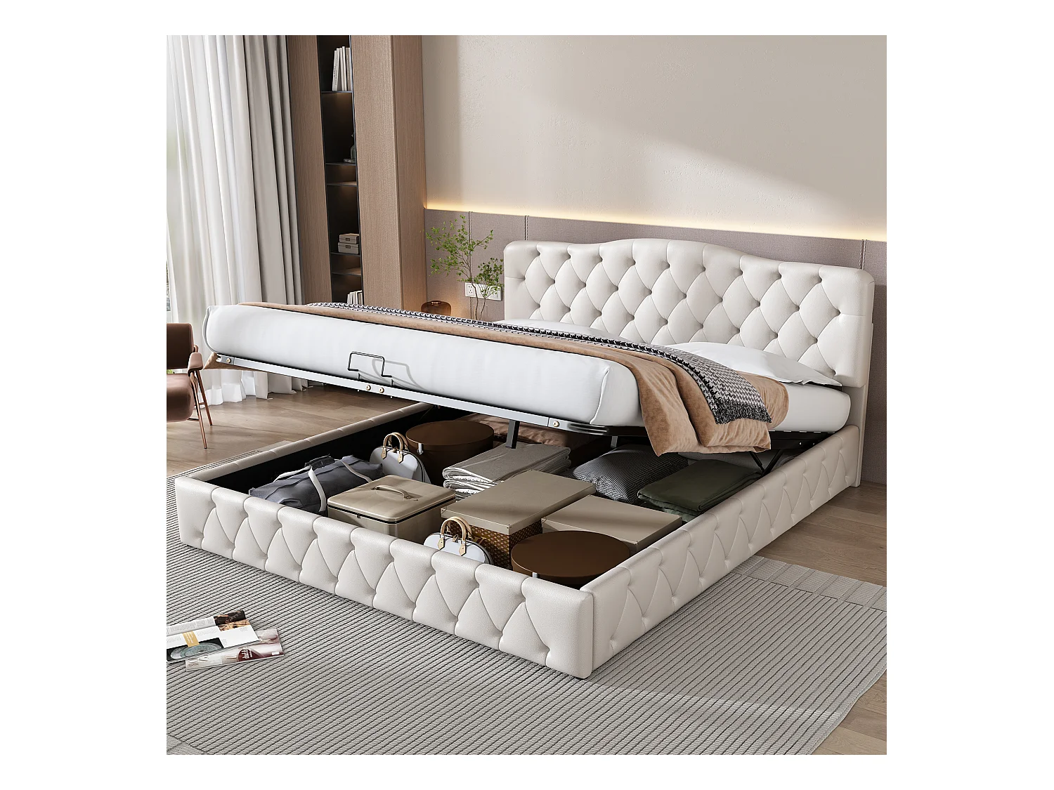 Lit 180x200 cm PU bianco con tête de lit réglable et coffre, sommier à lattes, adulte et teenager