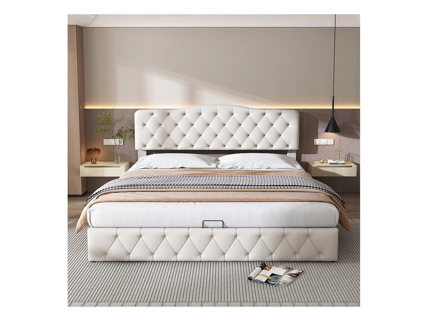 Lit 180x200 cm PU bianco con tête de lit réglable et coffre, sommier à lattes, adulte et teenager