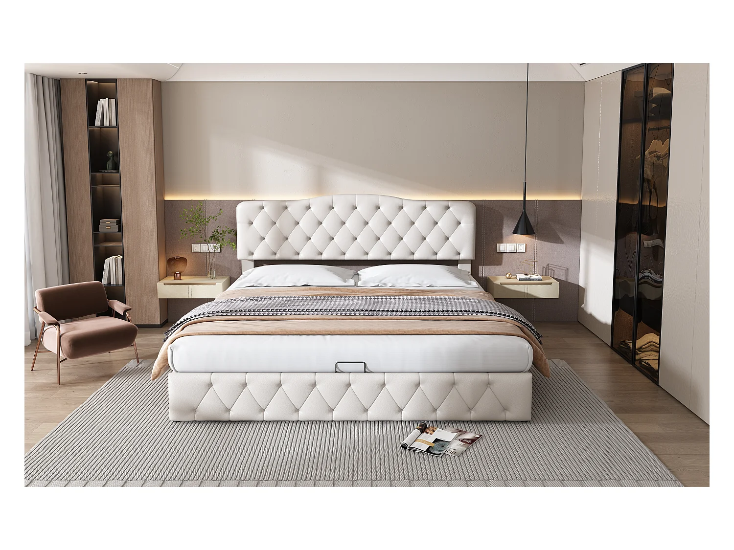 Lit 180x200 cm PU bianco con tête de lit réglable et coffre, sommier à lattes, adulte et teenager