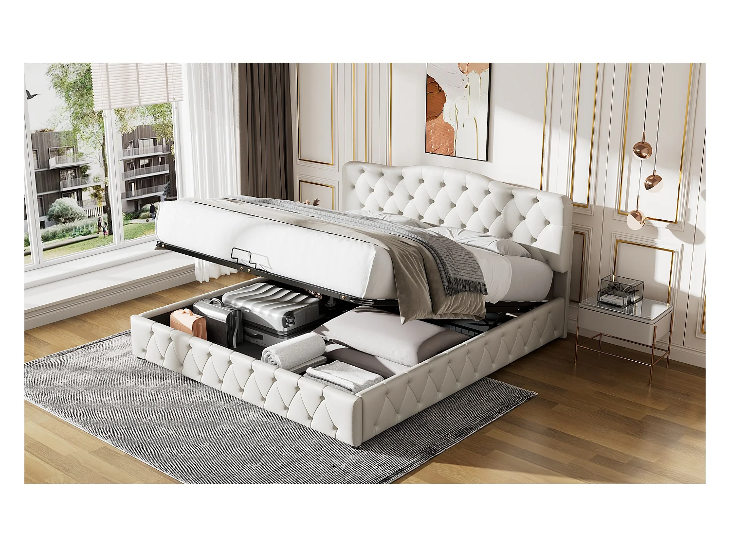 Lit 180x200 cm PU bianco con tête de lit réglable et coffre, sommier à lattes, adulte et teenager