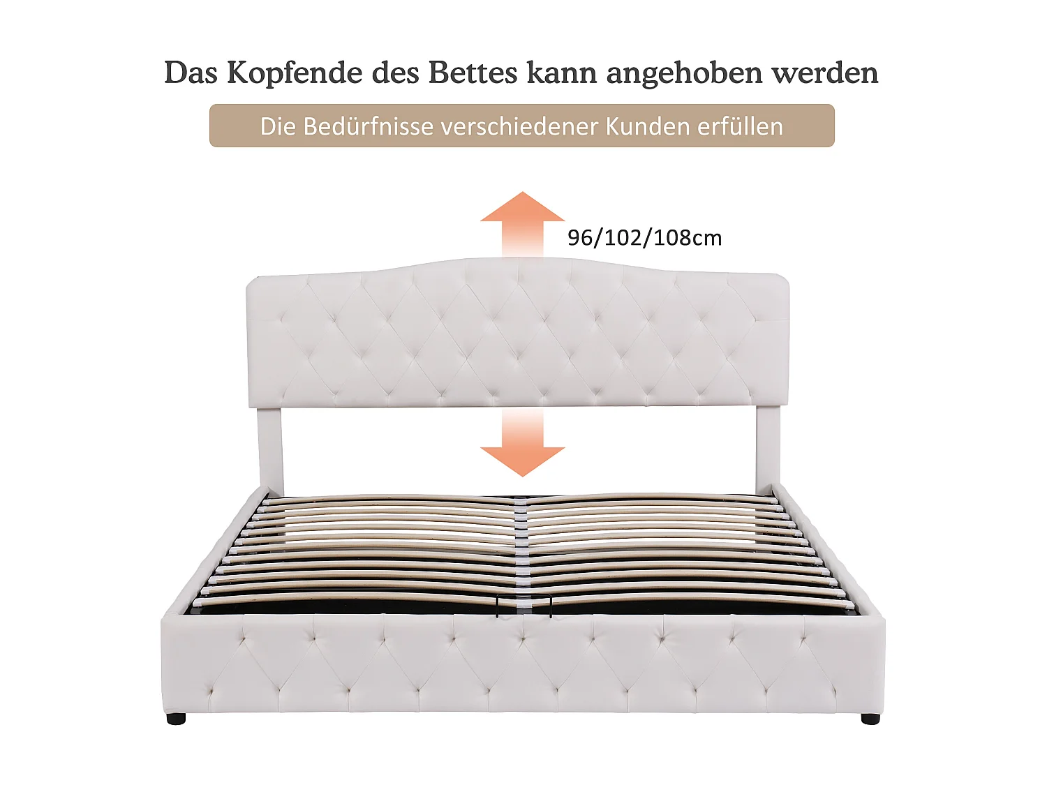 Lit 180x200 cm PU bianco con tête de lit réglable et coffre, sommier à lattes, adulte et teenager