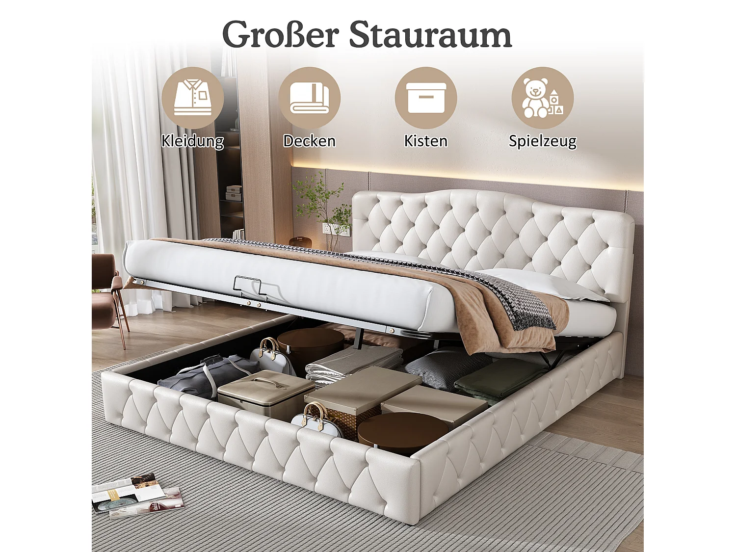 Lit 180x200 cm PU bianco con tête de lit réglable et coffre, sommier à lattes, adulte et teenager