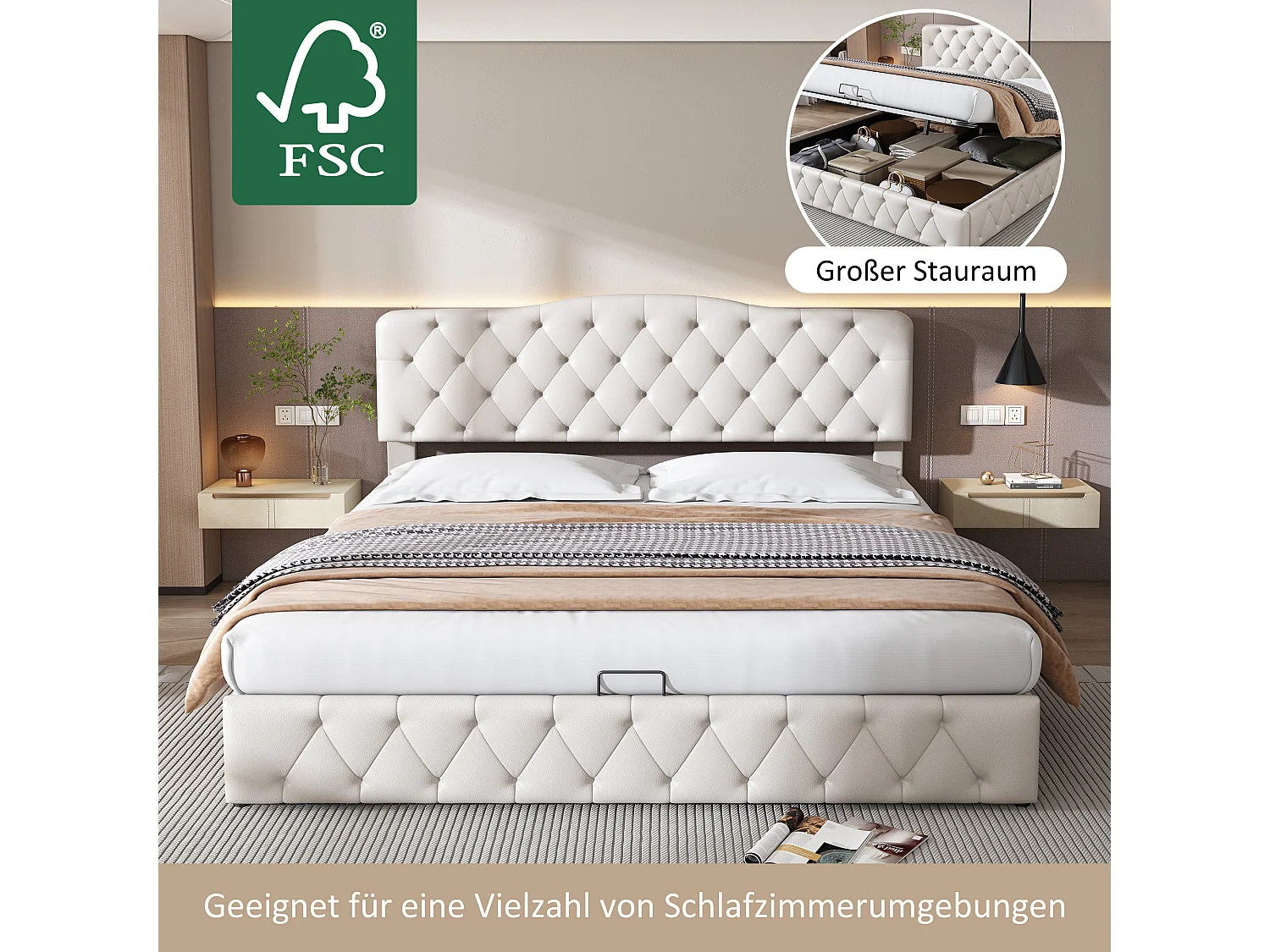 Lit 180x200 cm PU bianco con tête de lit réglable et coffre, sommier à lattes, adulte et teenager