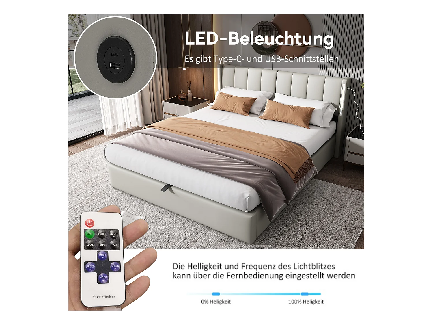 Cama de casal 180x200 PU cinza com LED, armazenamento hidráulico, cabeceira ajustável e USB