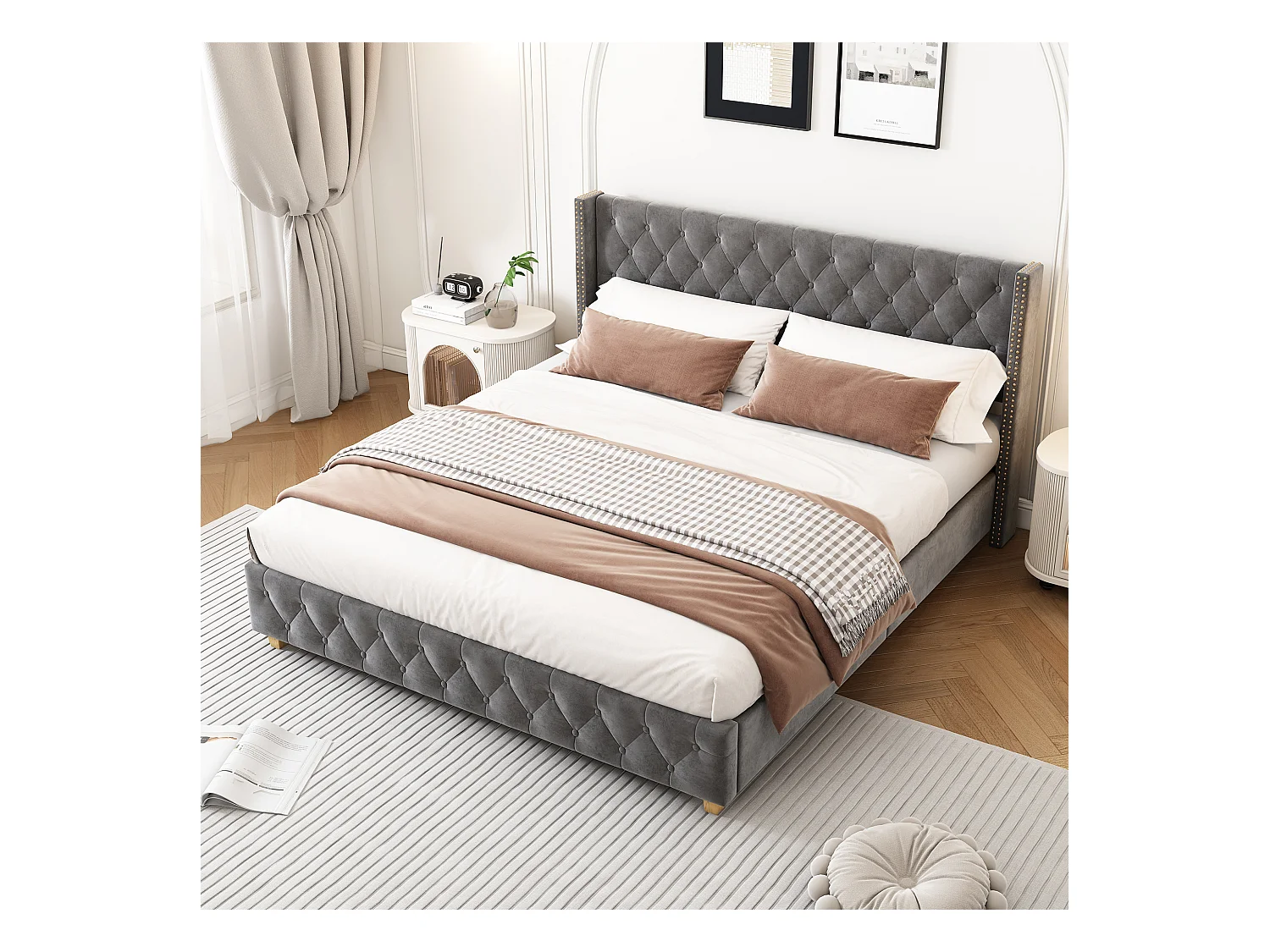 Lit rembourré 140x190 cm velluto grigio con tête de lit capitonnée e pieds en bois