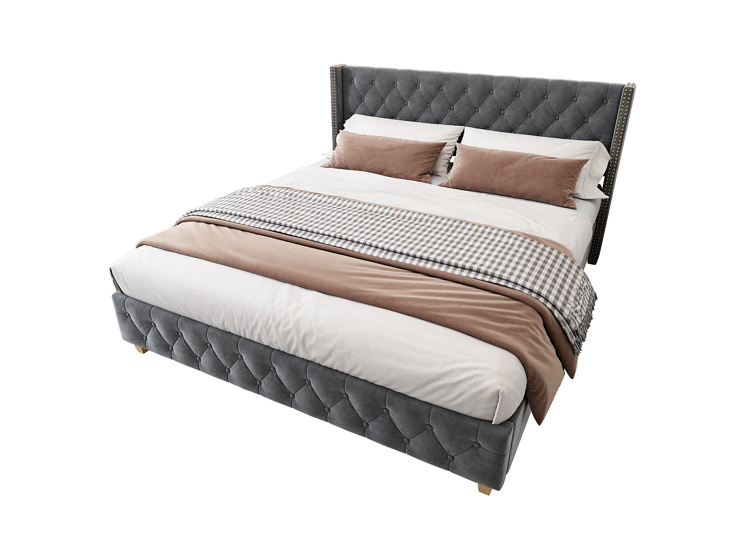 Lit rembourré 140x190 cm velluto grigio con tête de lit capitonnée e pieds en bois