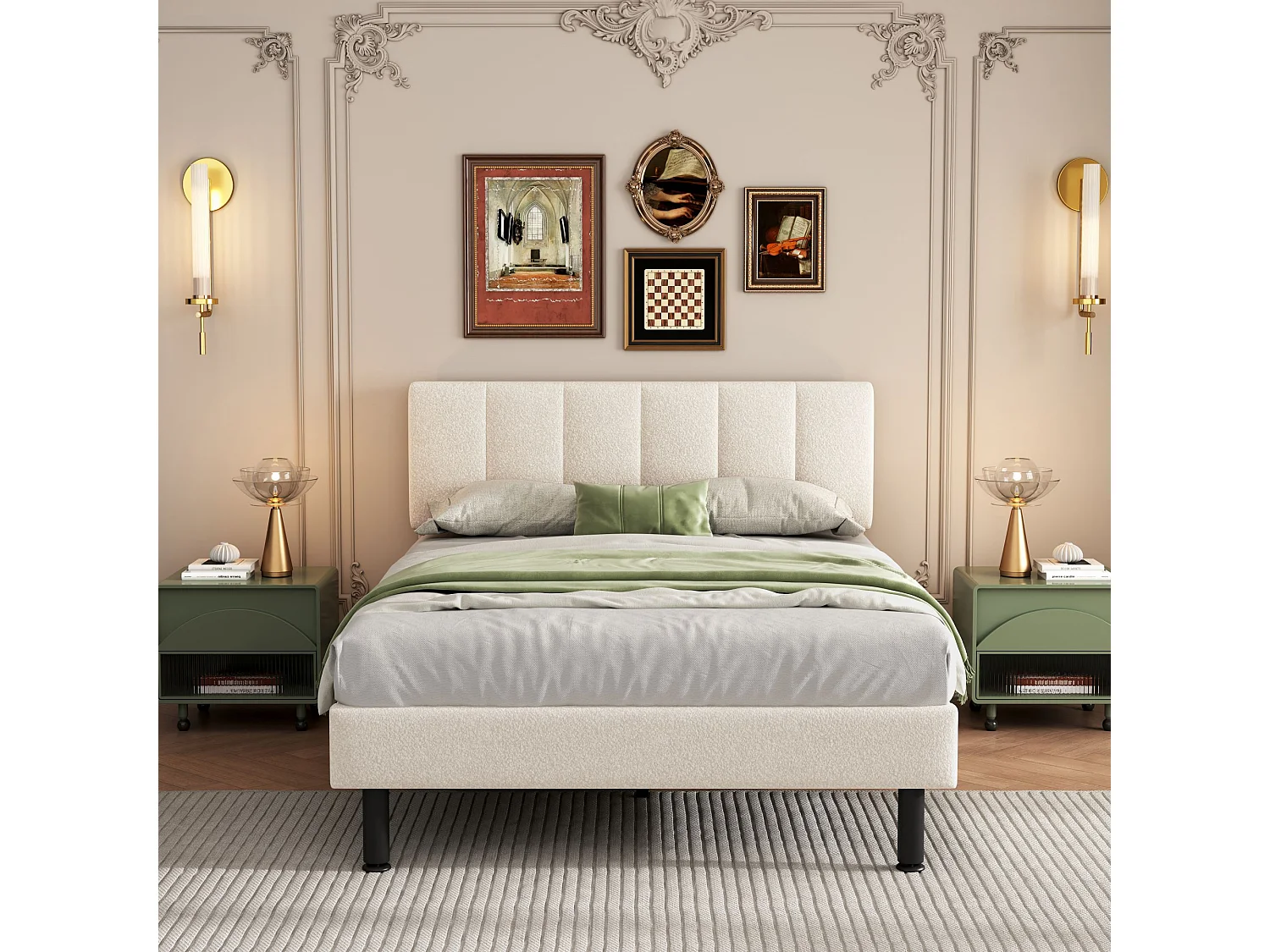 Cama sherpa beige de 140x190 con patas y base de metal, diseño moderno y confortable