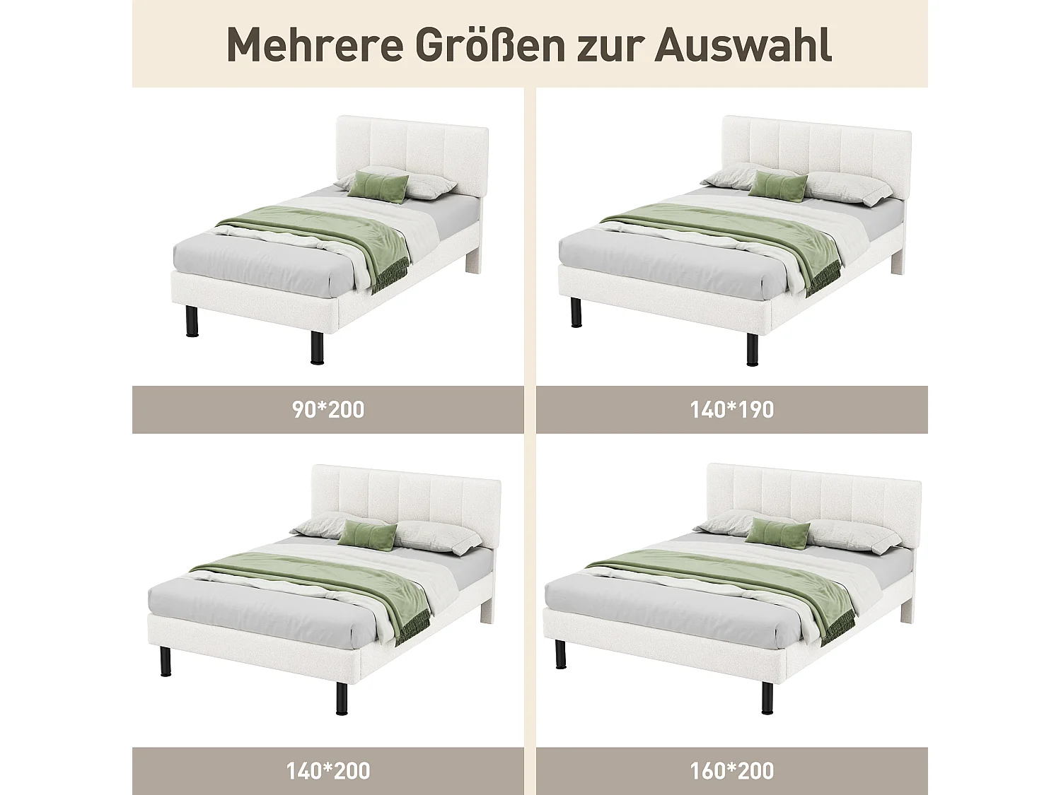 Cama sherpa beige de 140x190 con patas y base de metal, diseño moderno y confortable