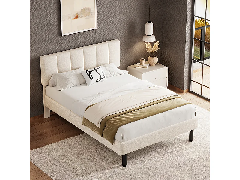Cama sherpa beige de 140x190 con patas y base de metal, diseño moderno y confortable