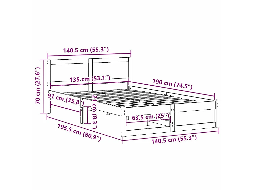 Cadre de lit avec tête de lit Blanc 135 x 190 cm Pin massif