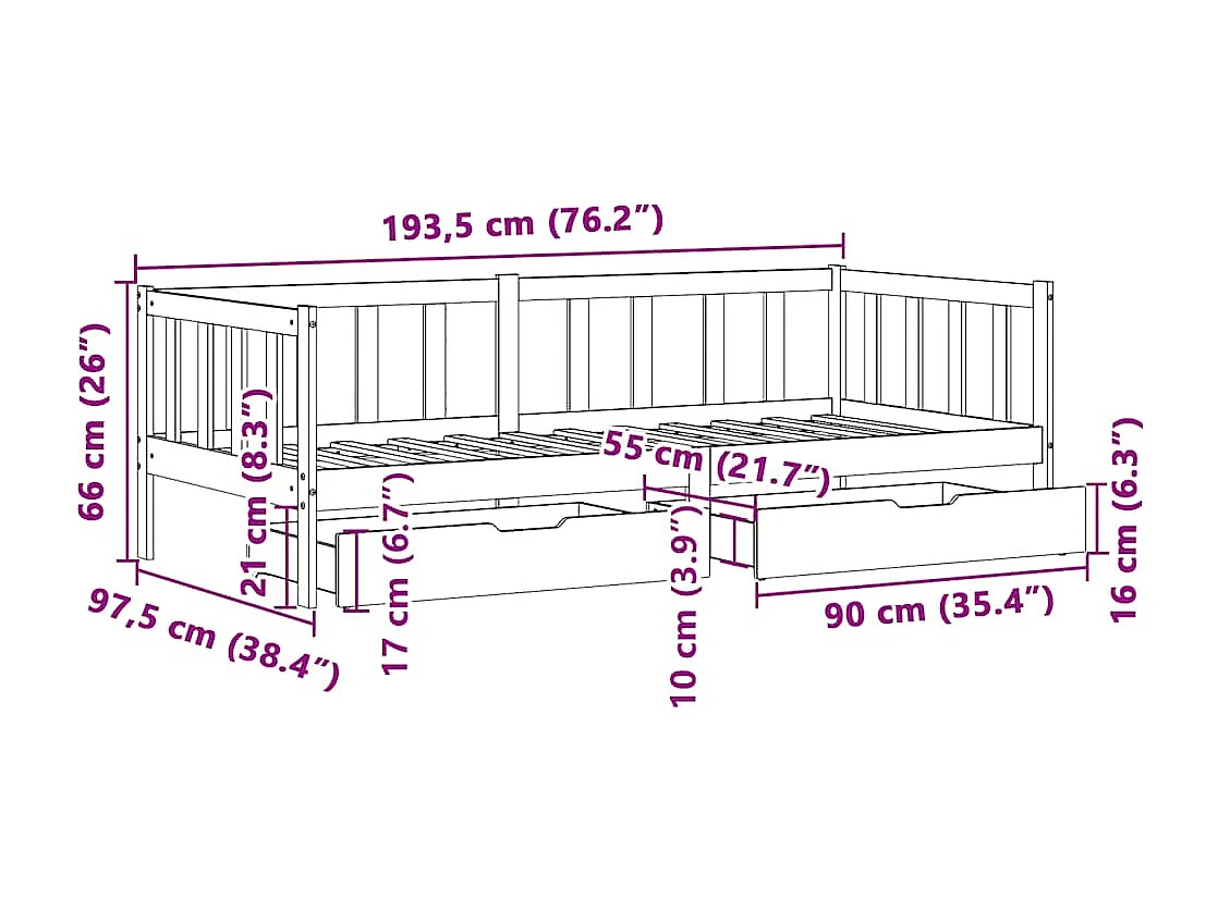 Slaapbank met lades 90x190 cm massief grenenhout wit