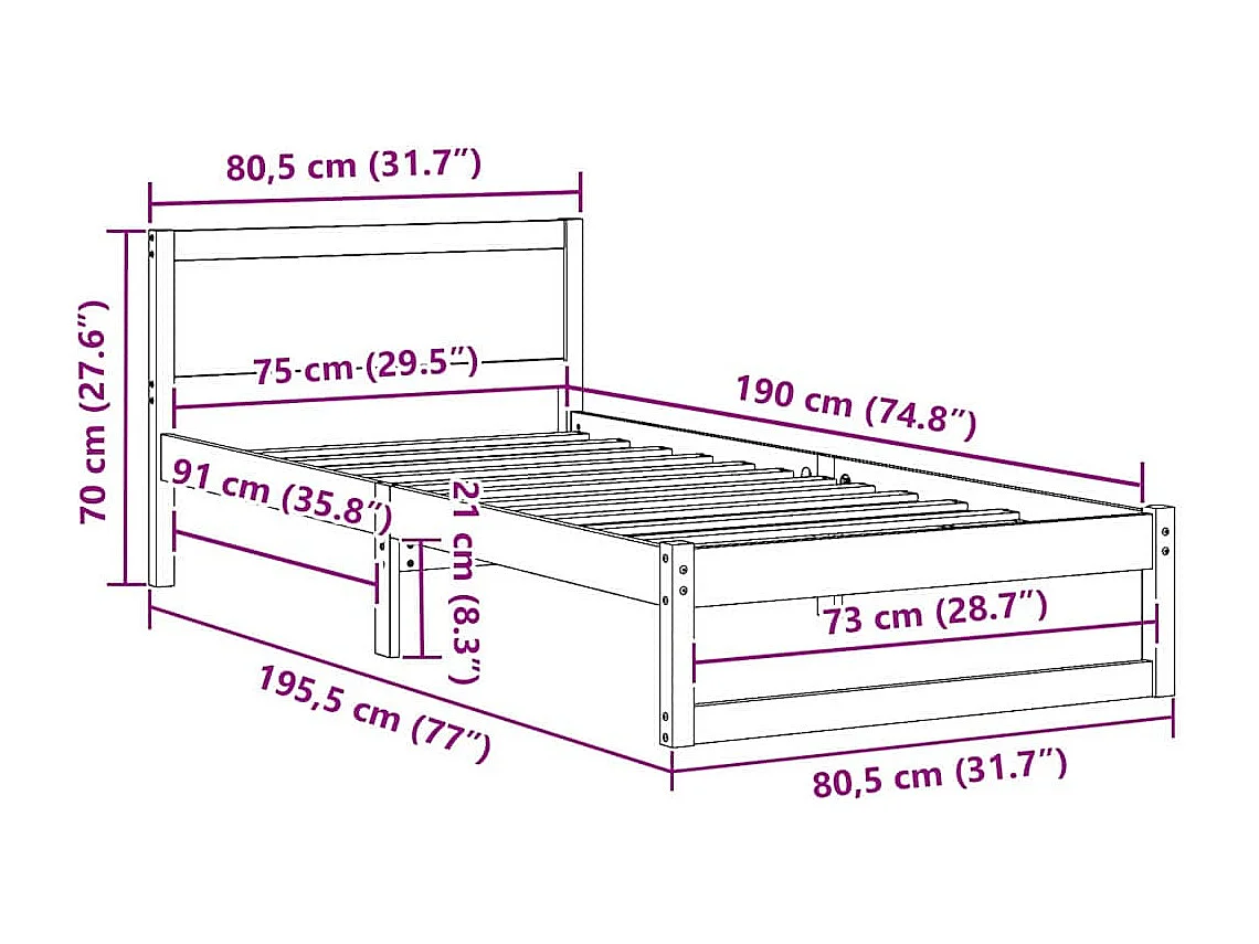 Bedframe met hoofdeinde Wit 75 x 190 cm Massief grenenhout